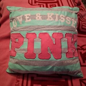 Vintage PINK Victoria's Secret Mint, Gray & Hot Pink Striped Square Logo Pillow